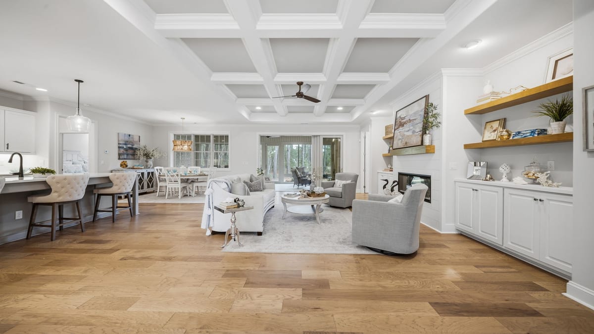 Pine Island open-concept living room with coffered ceiling