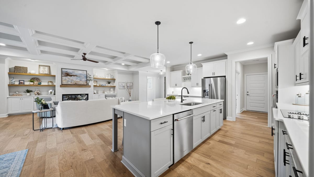 Pine Island kitchen island open to living room